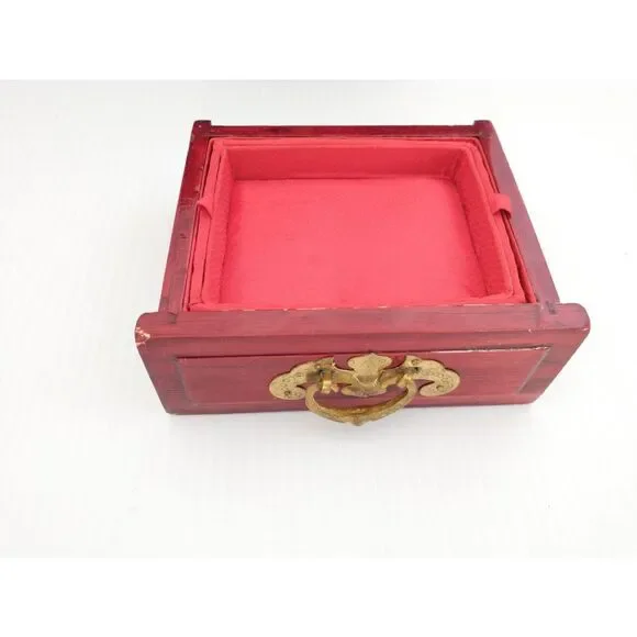 Vintage Chinese Rosewood Jewelry Box Ornate Brass Jade Inlay